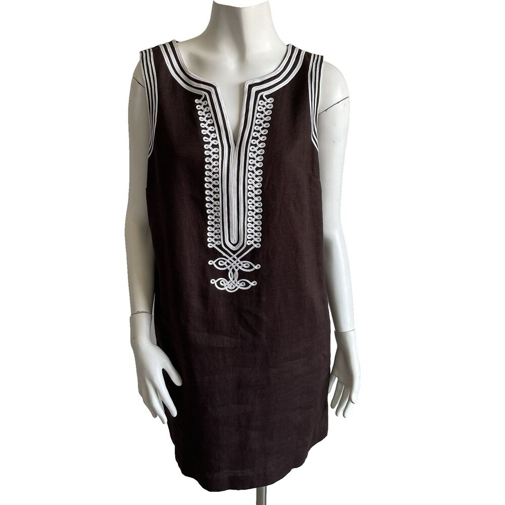 Michael Kors 100% Linen Brown Embroidered Shift Dress 10 Resort Summer Preppy